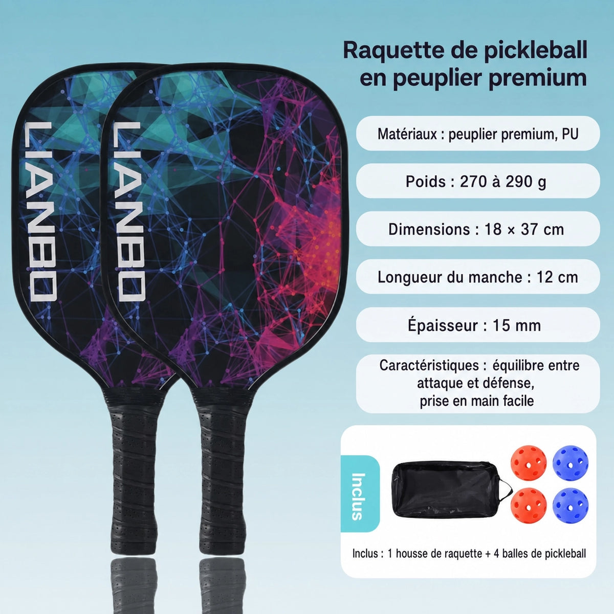 Set de Pickleball — 2 raquettes + 4 balles